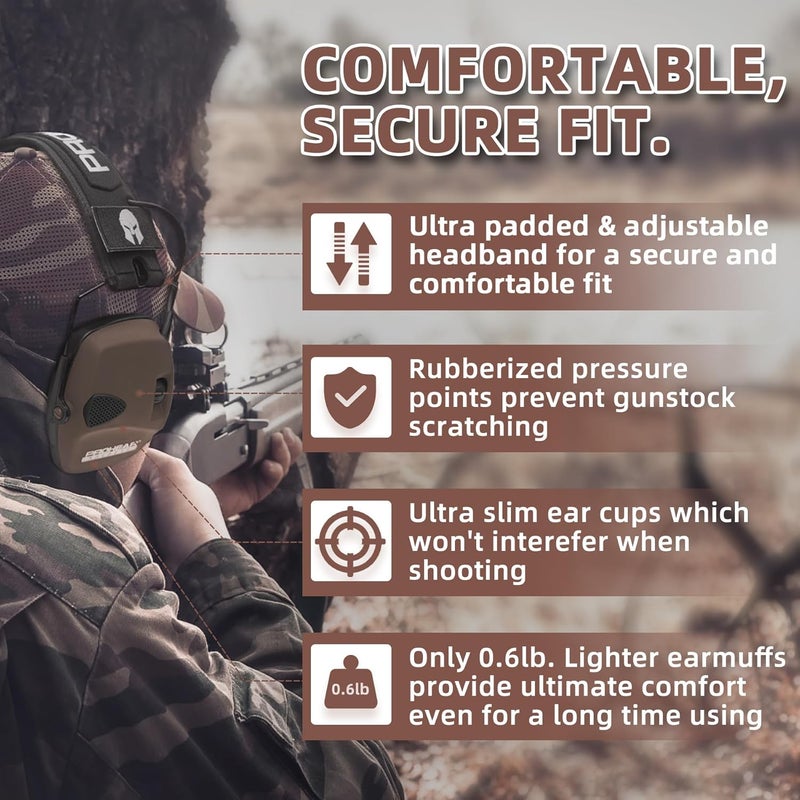 PROHEAR 2 Pack Electronic Ear Protection for Shooting with 4X Sound Amplification, Gun Range Hearing Protection Muffs, NRR 23dB Noise Reduction Headphones for Hunting, Green and Brown - Image 4